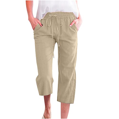 EMATOP Sommer 3/4 Hose Damen Leinen Baumwolle Stoffhose Leicht Atmungsaktiv Yogahose Einfarbig Lässig Leinenhose Weites Bein Hosen mit Taschen Sommerhose Weich Bequem Sporthose für Frauen von EMATOP