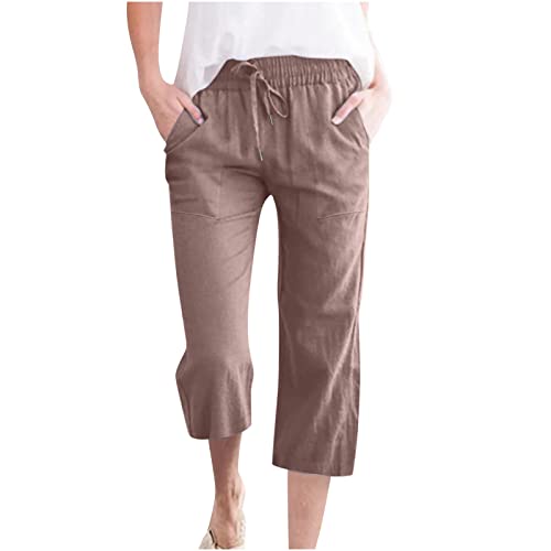 EMATOP Sommer 3/4 Hose Damen Leinen Baumwolle Stoffhose Leicht Atmungsaktiv Yogahose Einfarbig Lässig Leinenhose Weites Bein Hosen mit Taschen Sommerhose Weich Bequem Sporthose für Frauen von EMATOP
