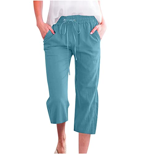 EMATOP Sommer 3/4 Hose Damen Leinen Baumwolle Stoffhose Leicht Atmungsaktiv Yogahose Einfarbig Lässig Leinenhose Weites Bein Hosen mit Taschen Sommerhose Weich Bequem Sporthose für Frauen von EMATOP