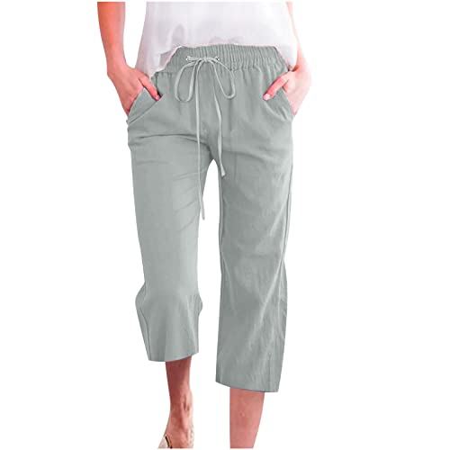 EMATOP Sommer 3/4 Hose Damen Leinen Baumwolle Stoffhose Leicht Atmungsaktiv Yogahose Einfarbig Lässig Leinenhose Weites Bein Hosen mit Taschen Sommerhose Weich Bequem Sporthose für Frauen von EMATOP