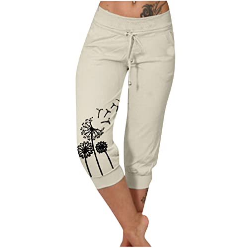 EMATOP Sommer Hose für Frauen 3/4 Capris Jogginghose Freizeit Leichte Sweathose Elastische Taille Sporthose mit Taschen Laufhosen Löwenzahn Muster Freizeithosen Baumwolle Bequem Yogahose von EMATOP