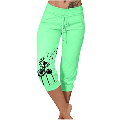 EMATOP Sommer Hose für Frauen 3/4 Capris Jogginghose Freizeit Leichte Sweathose Elastische Taille Sporthose mit Taschen Laufhosen Löwenzahn Muster Freizeithosen Baumwolle Bequem Yogahose von EMATOP