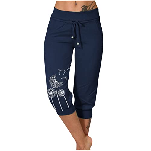 EMATOP Sommer Hose für Frauen 3/4 Capris Jogginghose Freizeit Leichte Sweathose Elastische Taille Sporthose mit Taschen Laufhosen Löwenzahn Muster Freizeithosen Baumwolle Bequem Yogahose von EMATOP