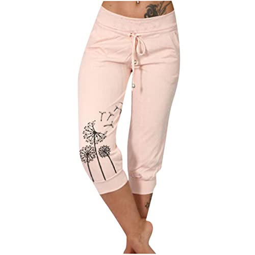 EMATOP Sommer Hose für Frauen 3/4 Capris Jogginghose Freizeit Leichte Sweathose Elastische Taille Sporthose mit Taschen Laufhosen Löwenzahn Muster Freizeithosen Baumwolle Bequem Yogahose von EMATOP