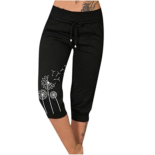 EMATOP Sommer Hose für Frauen 3/4 Capris Jogginghose Freizeit Leichte Sweathose Elastische Taille Sporthose mit Taschen Laufhosen Löwenzahn Muster Freizeithosen Baumwolle Bequem Yogahose von EMATOP