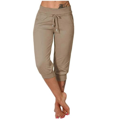 EMATOP Sommer Hose für Frauen 3/4 Capris Jogginghose Freizeit Leichte Sweathose Elastische Taille Sporthose mit Taschen Laufhosen Löwenzahn Muster Freizeithosen Baumwolle Bequem Yogahose von EMATOP