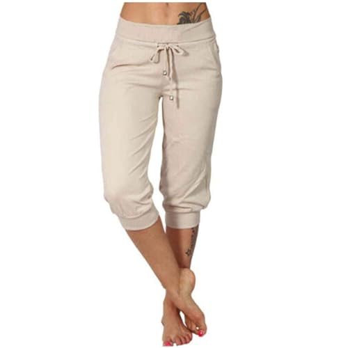 EMATOP Sommer Hose für Frauen 3/4 Capris Jogginghose Freizeit Leichte Sweathose Elastische Taille Sporthose mit Taschen Laufhosen Löwenzahn Muster Freizeithosen Baumwolle Bequem Yogahose von EMATOP