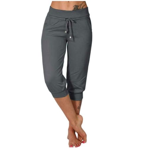 EMATOP Sommer Hose für Frauen 3/4 Capris Jogginghose Freizeit Leichte Sweathose Elastische Taille Sporthose mit Taschen Laufhosen Löwenzahn Muster Freizeithosen Baumwolle Bequem Yogahose von EMATOP