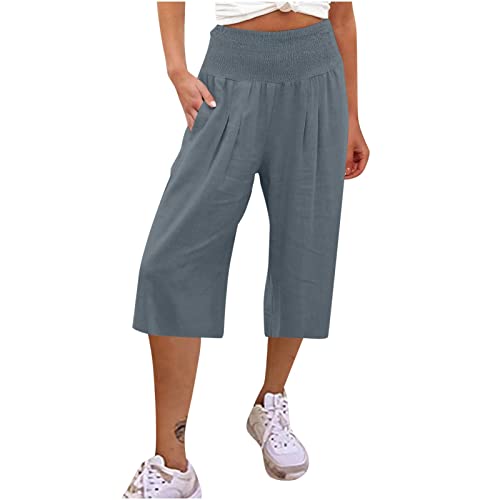 EMATOP Sommer Hosen Damen Leichte Bequem Leinenhose 3/4 Lange Palazzohose Hohe Taille Strandhose Casual Einfarbig Stoffhose mit Taschen Sporthose Baumwolle Leinen Caprihose für Frauen von EMATOP