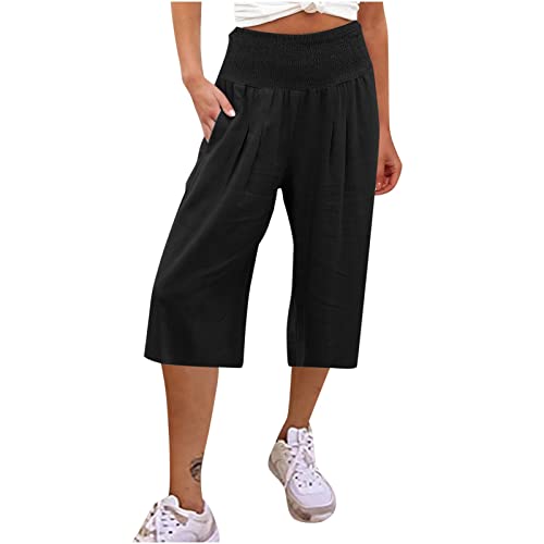 EMATOP Sommer Hosen Damen Leichte Bequem Leinenhose 3/4 Lange Palazzohose Hohe Taille Strandhose Casual Einfarbig Stoffhose mit Taschen Sporthose Baumwolle Leinen Caprihose für Frauen von EMATOP