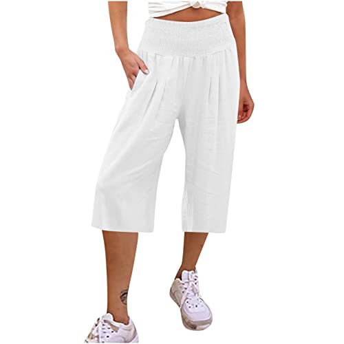 EMATOP Sommer Hosen Damen Leichte Bequem Leinenhose 3/4 Lange Palazzohose Hohe Taille Strandhose Casual Einfarbig Stoffhose mit Taschen Sporthose Baumwolle Leinen Caprihose für Frauen von EMATOP