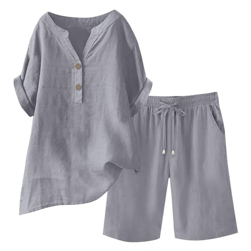 EMATOP Sommer Kurz Leinenanzug Damen Leicht Luftig Musselin Set Baumwolle Leinen Tracksuit Elegant Zweiteiler Bluse und Shorts Outfit Einfarbig Lässig Sportanzug mit Taschen Bequem Freizeitanzug von EMATOP