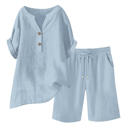 EMATOP Sommer Kurz Leinenanzug Damen Leicht Luftig Musselin Set Baumwolle Leinen Tracksuit Elegant Zweiteiler Bluse und Shorts Outfit Einfarbig Lässig Sportanzug mit Taschen Bequem Freizeitanzug von EMATOP