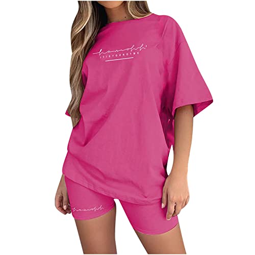 EMATOP Sommer Kurzarm Top Shorts Set für Damen Casual Freizeitanzug Rundhals Einfarbig Lose Sportbekleidung Zweiteiler Briefdruck Jogginganzug Outfits Kleidung Streetwear (T4-rosa, L) von EMATOP