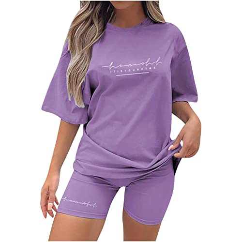 EMATOP Sommer Kurzarm Top Shorts Set für Damen Casual Freizeitanzug Rundhals Einfarbig Lose Sportbekleidung Zweiteiler Briefdruck Jogginganzug Outfits Kleidung Streetwear (T5-violett, L) von EMATOP