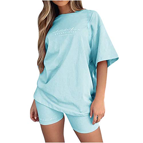 EMATOP Sommer Kurzarm Top Shorts Set für Damen Casual Freizeitanzug Rundhals Einfarbig Lose Sportbekleidung Zweiteiler Briefdruck Jogginganzug Outfits Kleidung Streetwear von EMATOP