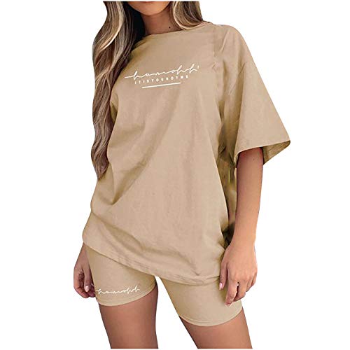 EMATOP Sommer Kurzarm Top Shorts Set für Damen Casual Freizeitanzug Rundhals Einfarbig Lose Sportbekleidung Zweiteiler Briefdruck Jogginganzug Outfits Kleidung Streetwear von EMATOP