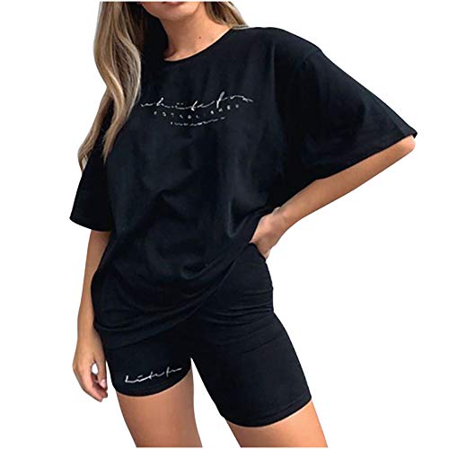 EMATOP Sommer Kurzarm Top Shorts Set für Damen Casual Freizeitanzug Rundhals Einfarbig Lose Sportbekleidung Zweiteiler Briefdruck Jogginganzug Outfits Kleidung Streetwear von EMATOP