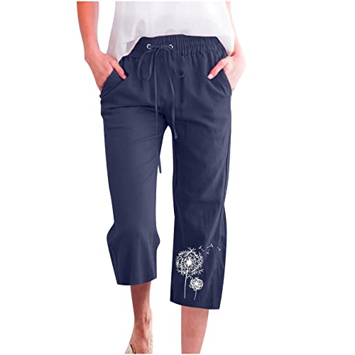 EMATOP Sommer Leicht 3/4 Länge Hose für Frauen Baumwolle Leinen Strandhose Lässig Einfarbig Stoffhose mit Taschen Capri Hosen Kurze Chino Freizeithose Löwenzahn Druck Sporthose Sommerhose von EMATOP