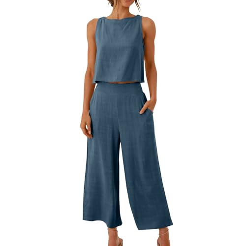 EMATOP Sommer Leinenanzug Damen Elegant Lange Leinen Outfit Zweiteiler Ärmellos Tank Top und Hosen Hosenanzug mit Taschen Sportanzug Einfarbig Lässig Tracksuit Bequem Leicht Jogginganzug von EMATOP
