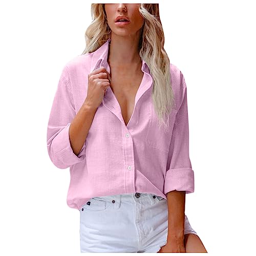 EMATOP Sommer Leinenbluse Damen Casual Tunika Tops Leinen Einfarbig Hemdbluse Elegant Langarm Hemd Longbluse Vintage Leicht Oberteile V-Ausschnitt Knopfleiste Bluse T-Shirt Teenager Mädchen von EMATOP