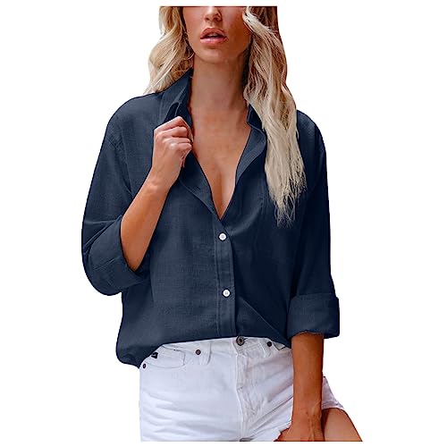 EMATOP Sommer Leinenbluse Damen Casual Tunika Tops Leinen Einfarbig Hemdbluse Elegant Langarm Hemd Longbluse Vintage Leicht Oberteile V-Ausschnitt Knopfleiste Bluse T-Shirt Teenager Mädchen von EMATOP