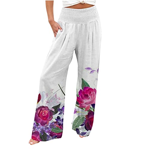 EMATOP Sommer Leinenhose Damen Boho Strandhose Leichte Weite Hose Casual Baumwolle Sommerhose Baumwolle Leinen Freizeithose mit Taschen Sporthose Blumen Druck Palazzo Hosen Baggy Stoffhose von EMATOP