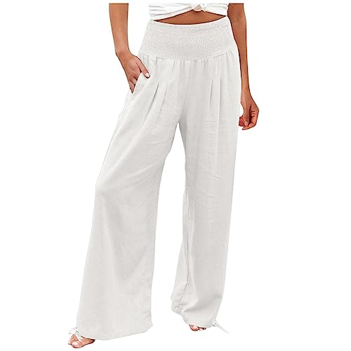 EMATOP Sommerhose Damen Leicht Leinenhose Casual Weites Bein Hosen Elegant Hohe Taille Strandhose Lässige Lose Stoffhose mit Taschen Freizeithose Baumwolle Einfarbig Jogginghose Bequem Yogahose von EMATOP