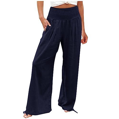 EMATOP Sommerhose Damen Leicht Leinenhose Casual Weites Bein Hosen Elegant Hohe Taille Strandhose Lässige Lose Stoffhose mit Taschen Freizeithose Baumwolle Einfarbig Jogginghose Bequem Yogahose von EMATOP