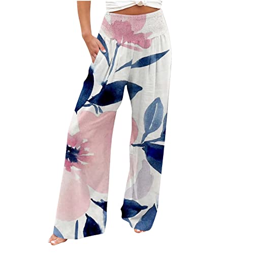 EMATOP Sommerhose Damen Leicht Weite Hose Baumwolle Leinen Freizeithose Lässige Baggy Leinenhose Bunt Blumen Druck Strandhose mit Taschen Sporthose Elastische Taille Stoffhose Palazzo Hosen von EMATOP