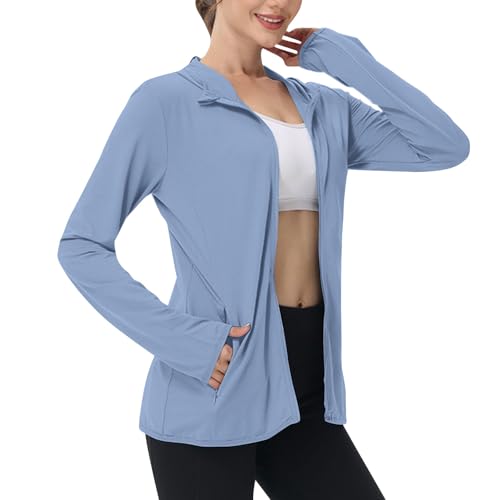 EMATOP Sommerjacke Damen UPF 50+ Sonnenschutz Jacke UV Shirt Langarm Full Zip Hoodie Laufshirt Leichte Dünne Sportjacke mit Taschen Laufjacke Schnelltrocknend Trainingsjacke Einfarbig Sportshirt von EMATOP