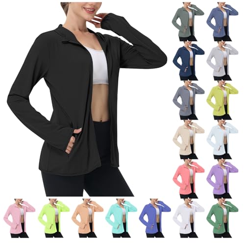 EMATOP Sommerjacke Damen UPF 50+ Sonnenschutz Jacke UV Shirt Langarm Full Zip Hoodie Laufshirt Leichte Dünne Sportjacke mit Taschen Laufjacke Schnelltrocknend Trainingsjacke Einfarbig Sportshirt von EMATOP
