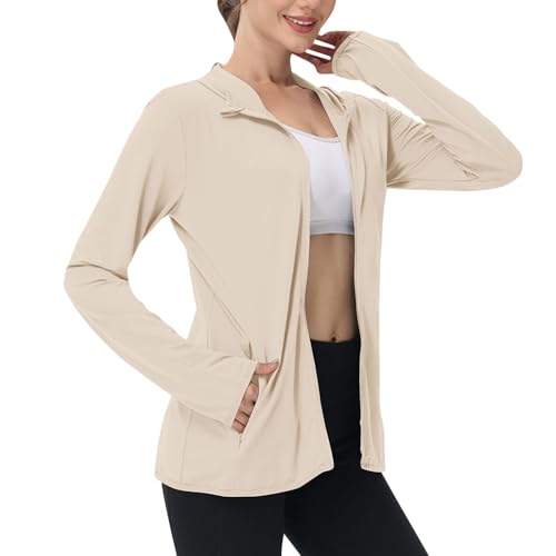 EMATOP Sommerjacke Damen UPF 50+ Sonnenschutz Jacke UV Shirt Langarm Full Zip Hoodie Laufshirt Leichte Dünne Sportjacke mit Taschen Laufjacke Schnelltrocknend Trainingsjacke Einfarbig Sportshirt von EMATOP