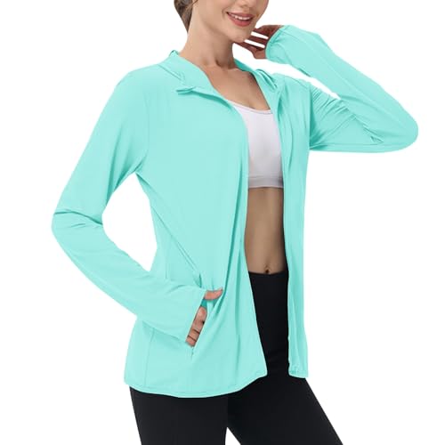 EMATOP Sommerjacke Damen UPF 50+ Sonnenschutz Jacke UV Shirt Langarm Full Zip Hoodie Laufshirt Leichte Dünne Sportjacke mit Taschen Laufjacke Schnelltrocknend Trainingsjacke Einfarbig Sportshirt von EMATOP