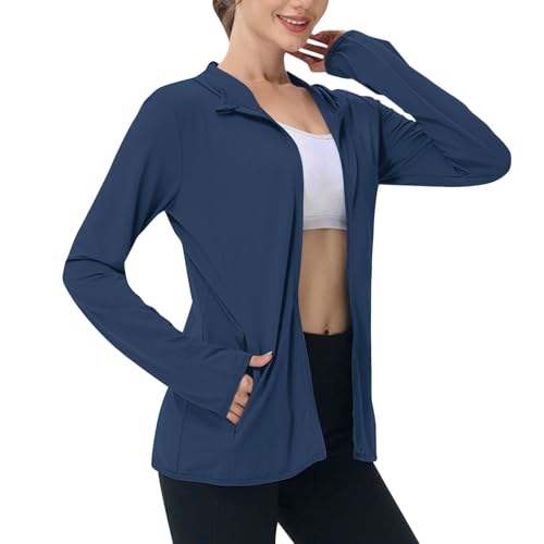EMATOP Sommerjacke Damen UPF 50+ Sonnenschutz Jacke UV Shirt Langarm Full Zip Hoodie Laufshirt Leichte Dünne Sportjacke mit Taschen Laufjacke Schnelltrocknend Trainingsjacke Einfarbig Sportshirt von EMATOP