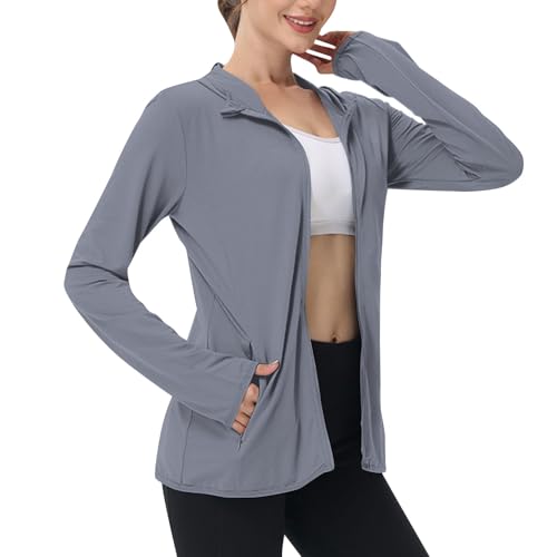 EMATOP Sommerjacke Damen UPF 50+ Sonnenschutz Jacke UV Shirt Langarm Full Zip Hoodie Laufshirt Leichte Dünne Sportjacke mit Taschen Laufjacke Schnelltrocknend Trainingsjacke Einfarbig Sportshirt von EMATOP