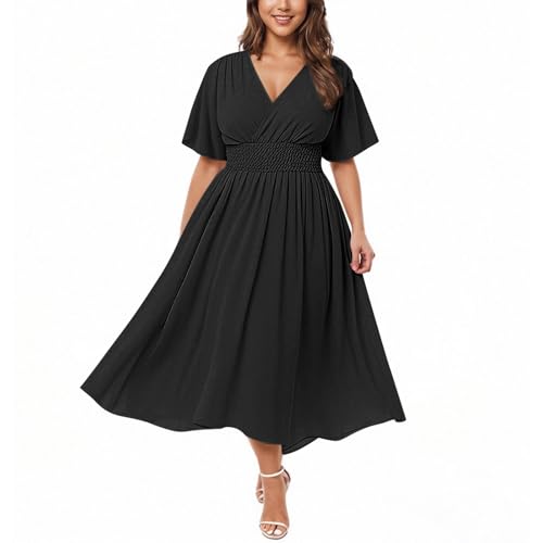EMATOP Sommerkleid Damen Große Größen Kleid Elegant V-Ausschnitt Strandkleid Casual Kurzarm Kleider A Linie Midikleid Knielang Freizeitkleider Blumenmuster Blusenkleid High Waist Wickelkleid von EMATOP
