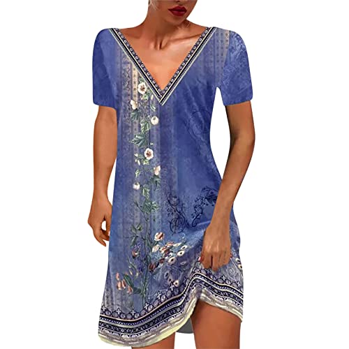 EMATOP Sommerkleid Damen Knielang Elegant Shirtkleid Casual Baumwolle Blusenkleid Sommer Leicht Strandkleider Locker Kurzarm Freizeitkleid Blumen Vintage Boho Kleid Weich Bequem Minikleider von EMATOP