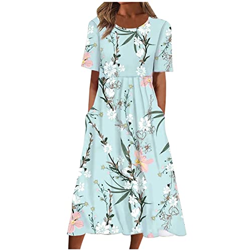 Sommerkleid Damen Kurzarm A Linie Kleid Elegant Lang Midikleid Knielang Boho Blumenkleid mit Taschen Strandkleid Casual Rundhals Wickelkleid Schön Blumen Druck Freizeitkleid für Alltag von EMATOP