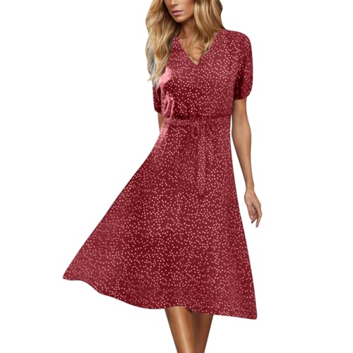 EMATOP Sommerkleid Damen Lang V-Ausschnitt Strandkleid Lässig Chiffon Kleider Kurzarm Lose Freizeitkleid Elegant A-Linie Midikleid Knielang Partykleid Polka Dot Maxikleid Hohe Taille Boho Kleid von EMATOP