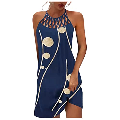 EMATOP Sommerkleider Damen Knielang Elegant Kleid Blumenmuster Neckholder Rüschen Freizeitkleider mit Taschen Strandkleid von EMATOP