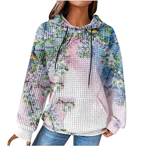 EMATOP Sport Hoodie Damen Leichter Baumwolle Kapuzenpullover Waffel Langarm Pullover mit Kapuze Pulli Langarmshirt Casual Lose Sweatshirt Vintage Neuartige Drucke Kapuzenpulli Jumper von EMATOP