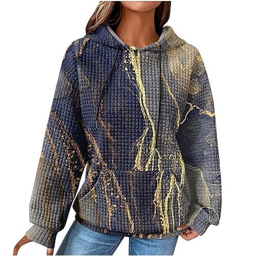 EMATOP Sport Hoodie Damen Leichter Baumwolle Kapuzenpullover Waffel Langarm Pullover mit Kapuze Pulli Langarmshirt Casual Lose Sweatshirt Vintage Neuartige Drucke Kapuzenpulli Jumper von EMATOP