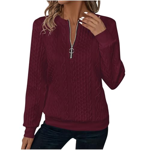 EMATOP Sport Pullover Damen Bequemer Baumwolle Sweatshirt ohne Kapuze Pulli Oberteile Regular Fit Langarmshirt Lässig Einfarbig Strickpullover 1/4 Reißverschluss V-Ausschnitt Sportshirt von EMATOP