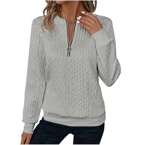 EMATOP Sport Pullover Damen Bequemer Baumwolle Sweatshirt ohne Kapuze Pulli Oberteile Regular Fit Langarmshirt Lässig Einfarbig Strickpullover 1/4 Reißverschluss V-Ausschnitt Sportshirt von EMATOP