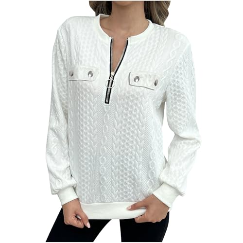 EMATOP Sport Pullover Damen Bequemer Baumwolle Sweatshirt ohne Kapuze Pulli Oberteile Regular Fit Langarmshirt Lässig Einfarbig Strickpullover 1/4 Reißverschluss V-Ausschnitt Sportshirt von EMATOP