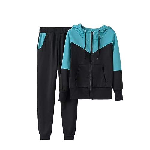 EMATOP Sportanzug Damen Langarm Leicht Freizeitanzug Casual Lose Sweatshirt Jacke und Hose Jogginganzug Lang Farbblock Hausanzug 2 Teiler Kapuzenjacke und Sporthose Tracksuit für Herbst Winter von EMATOP