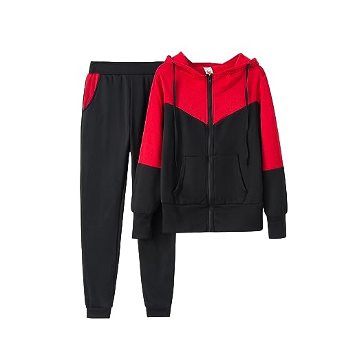 EMATOP Sportanzug Damen Langarm Leicht Freizeitanzug Casual Lose Sweatshirt Jacke und Hose Jogginganzug Lang Farbblock Hausanzug 2 Teiler Kapuzenjacke und Sporthose Tracksuit für Herbst Winter von EMATOP