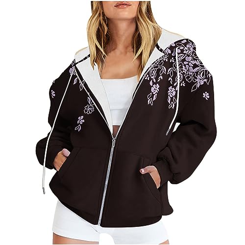 EMATOP Sportjacke Damen Baumwolle Langarm Sweatshirt Casual Lose College Jacke mit Kapuze Sweatjacke Vintage Neuartige Drucke Kapuzenjacke Herbst Winter Warm übergangsjacke für Frauen Outwear von EMATOP