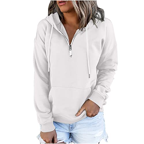 EMATOP Sports Kapuzenpullover Damen Langarm Casual Hoodie 1/4 Reißverschluss Hoodie Lose Einfarbig Sweatshirt mit Kapuze Pullover Baumwolle Leicht Sweatjacke Herbst Winter Warm Sportjacke von EMATOP